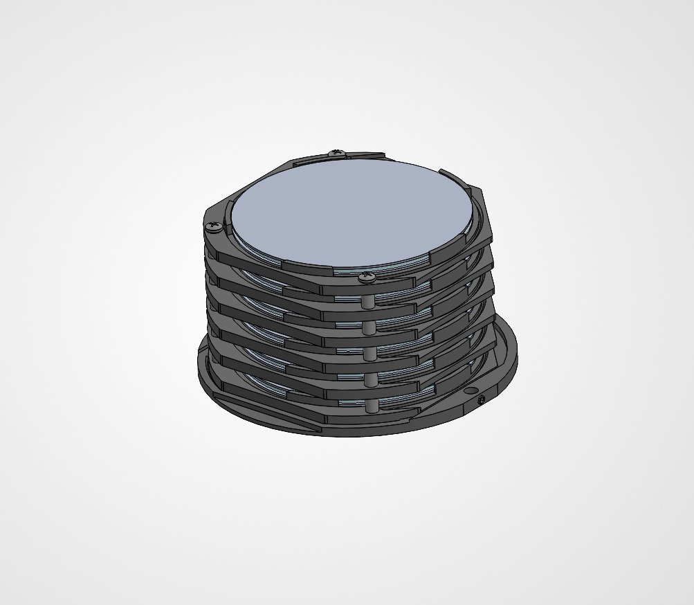 CAD render of a carrier stack with a sample die on the base plate